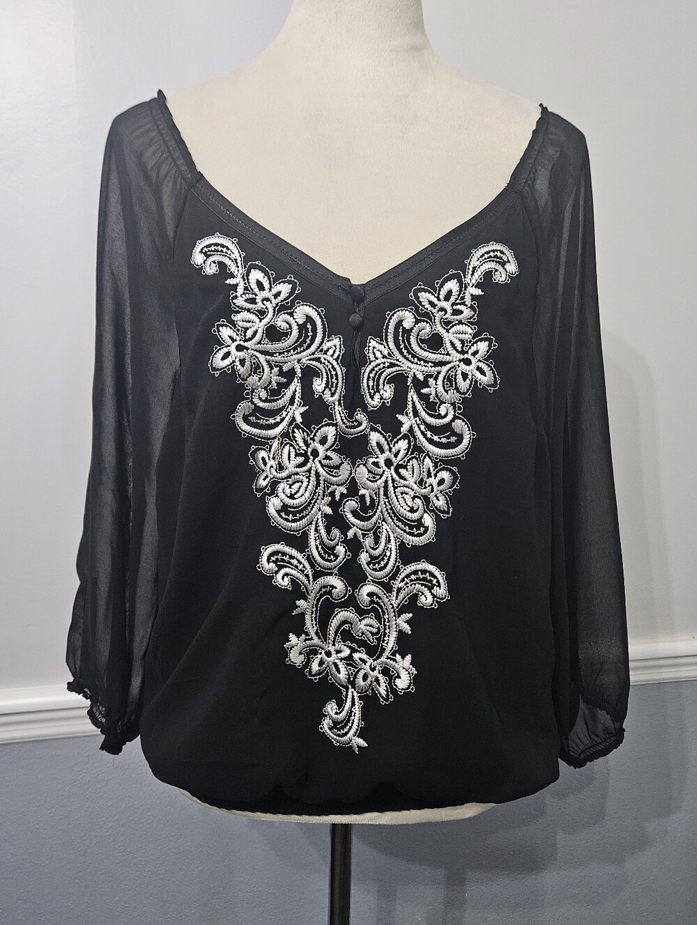 White House Black Market Black Sheer Blouse with White Embroidered V-Front Panel